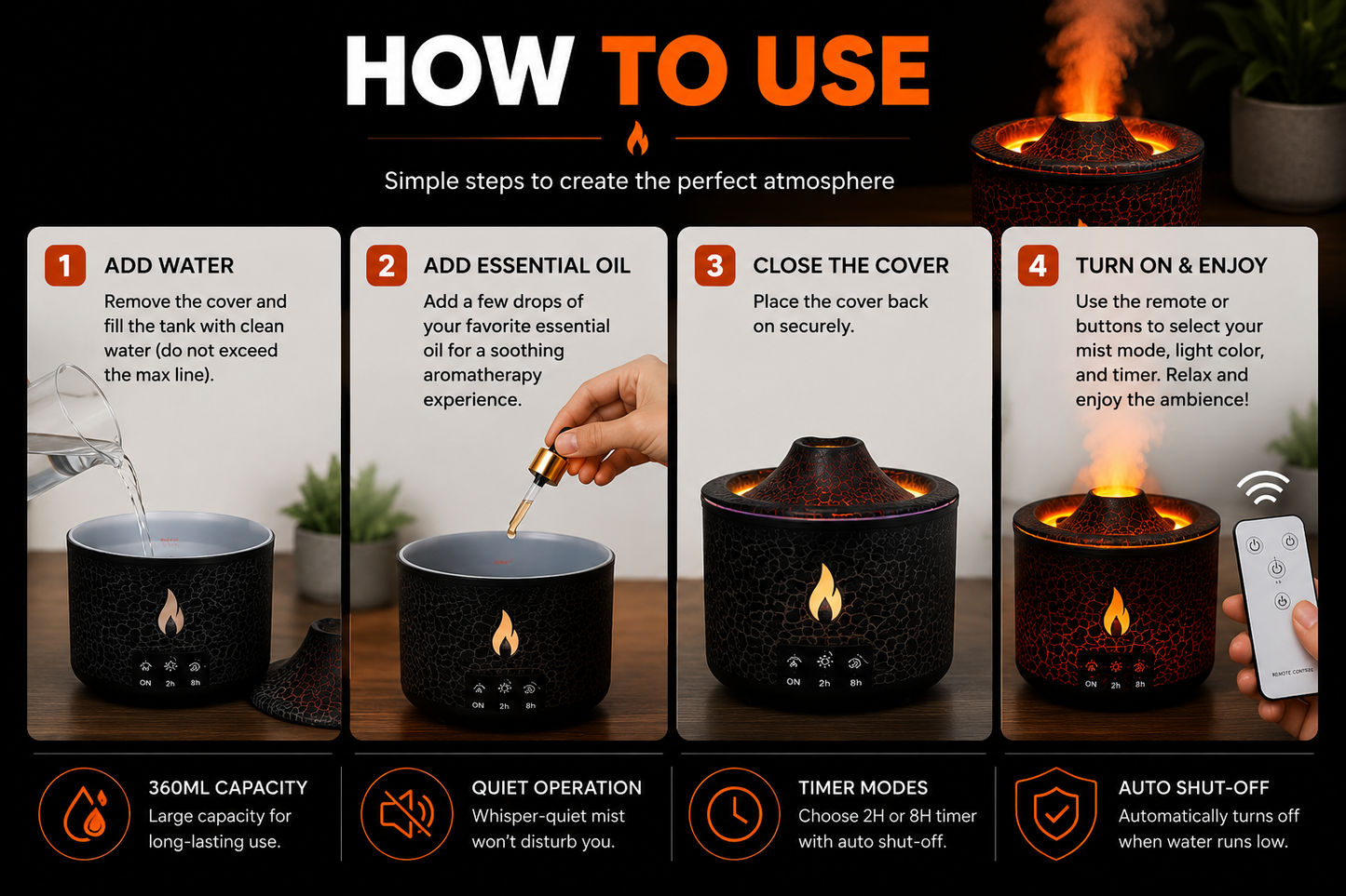VolcanoGlow™ Flame Humidifier — 360ml Aromatherapy Diffuser with Night Light, Remote & Timer