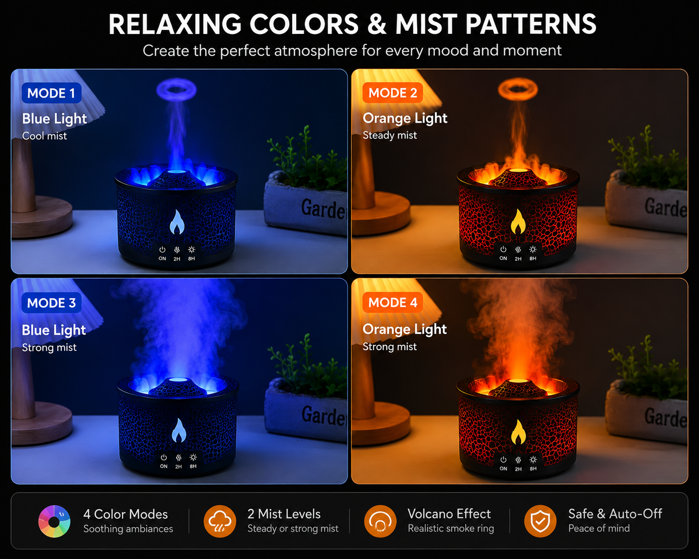 VolcanoGlow™ Flame Humidifier — 360ml Aromatherapy Diffuser with Night Light, Remote & Timer