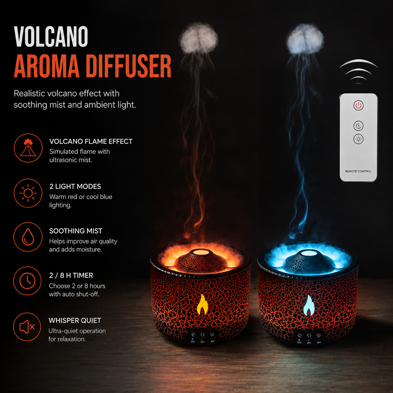 VolcanoGlow™ Flame Humidifier — 360ml Aromatherapy Diffuser with Night Light, Remote & Timer