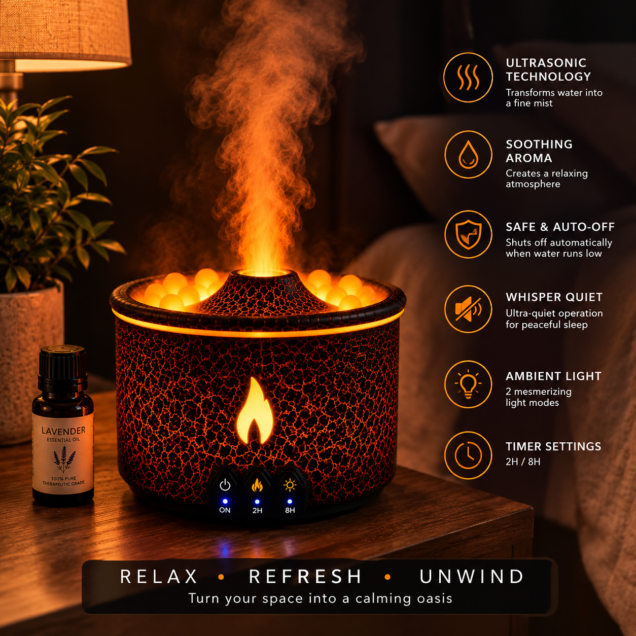 VolcanoGlow™ Flame Humidifier — 360ml Aromatherapy Diffuser with Night Light, Remote & Timer